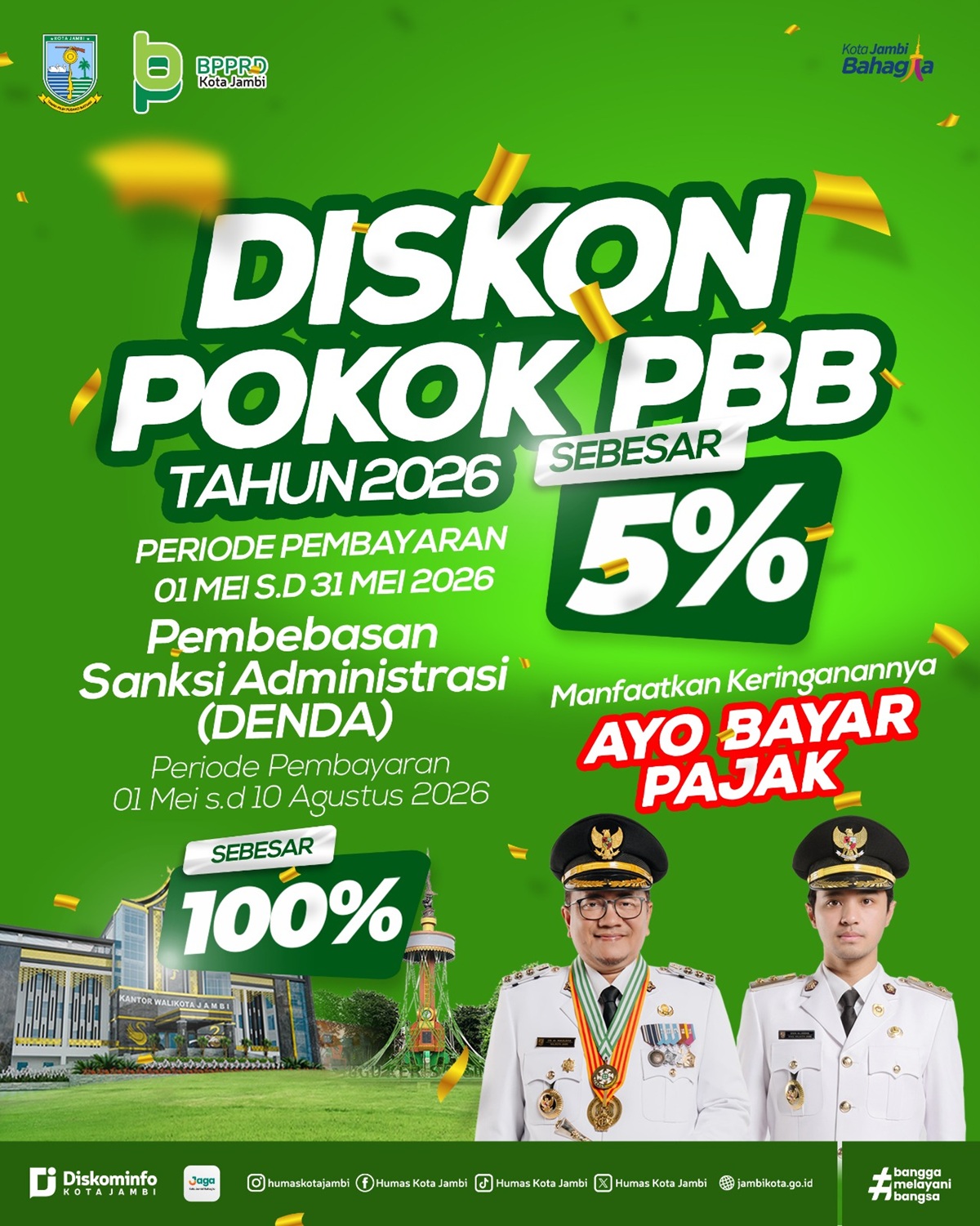 Pemkot Jambi Beri Diskon PBB dan Pembebasan Denda dalam Rangka HUT Kota Jambi dan Hari Jadi Tanah Pilih Pusako Betuah 2026